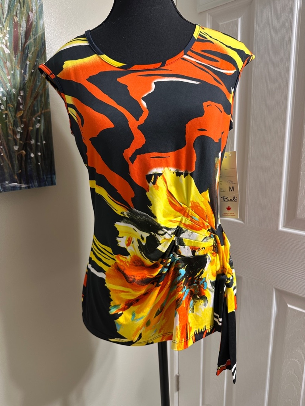 Bali Corp Top Medium NWT Abstract Floral Side Tie Made in Canada Bright